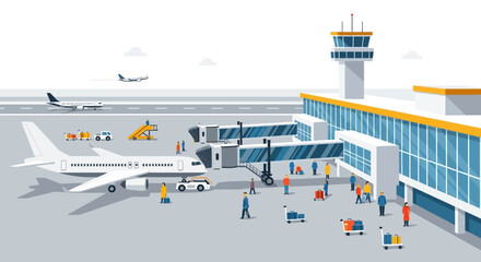 Fototapeta premium Isometric Airport Scene: Passengers, Jet Bridge, and Control Tower