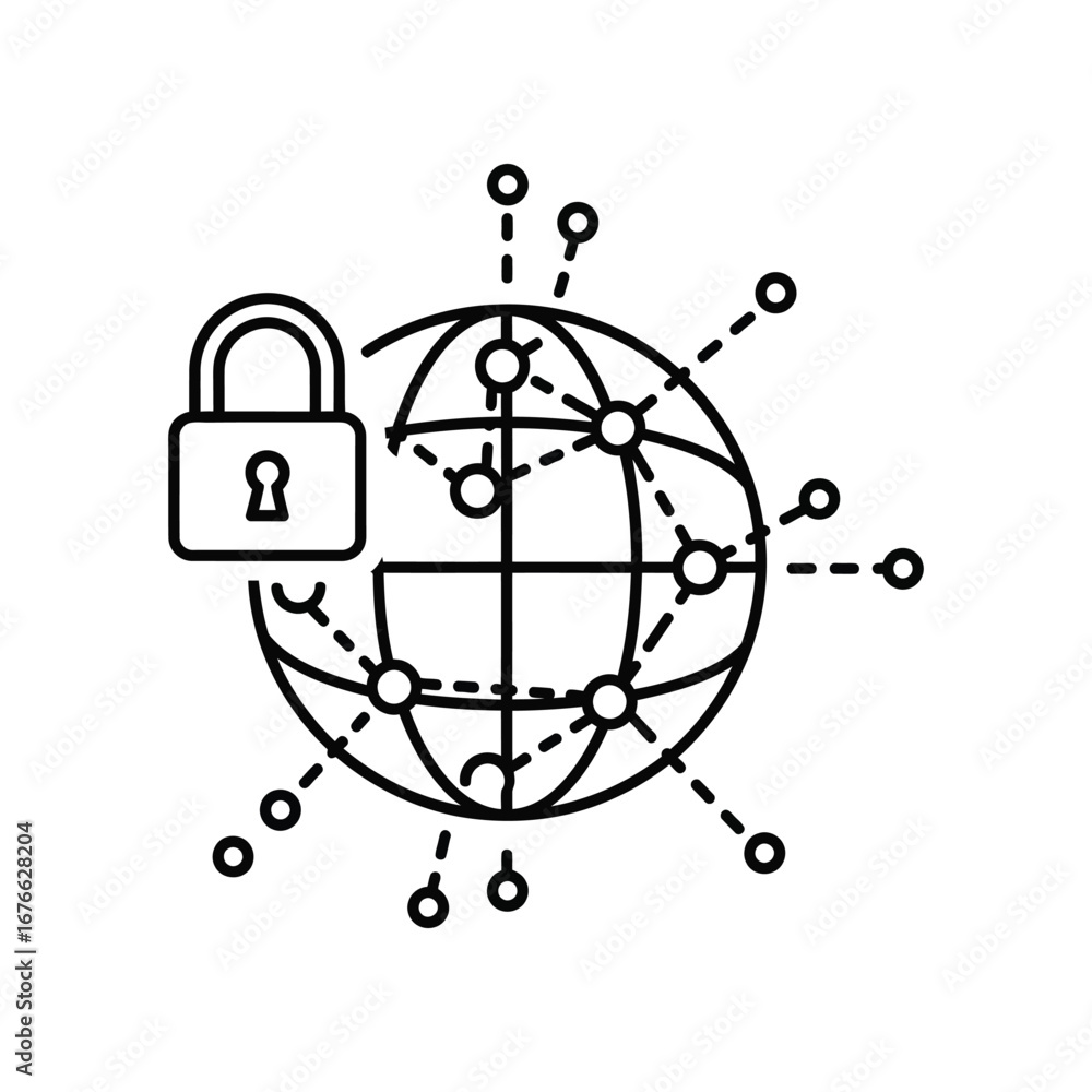 Poster cyber security: a secure lock safeguards a global network, highlighting the importance of data priva