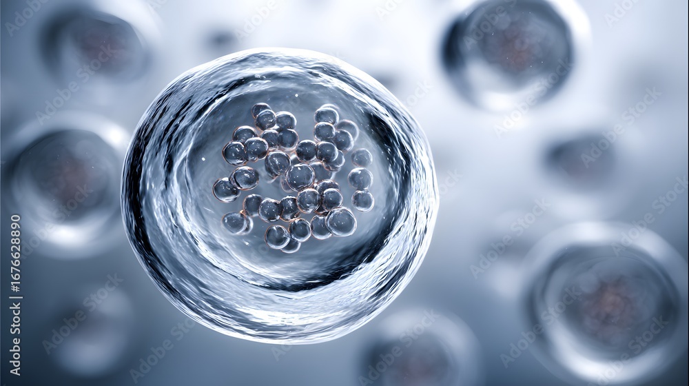 Poster detailed view of a translucent biological cell, showcasing internal components and a gradient of mut