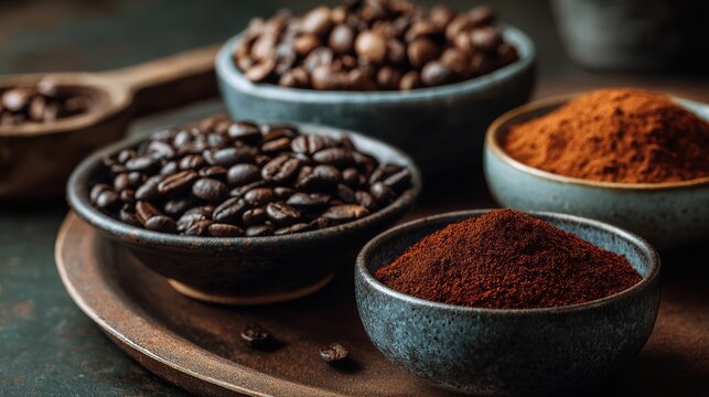 Close-up of coffee beans and powder in bowls, showcasing rich textures and colors, perfect for coffee lovers.