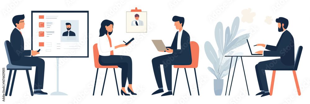 Poster human resources recruitment process with interviewer reviewing candidate profiles digital presentati