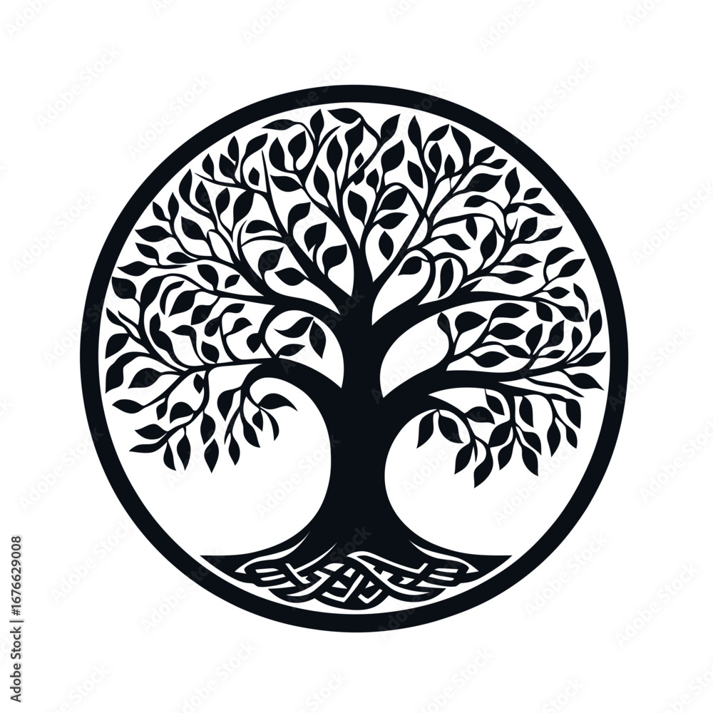 Poster black and white circular celtic tree of life symbol with intricate branches and roots in minimalist 
