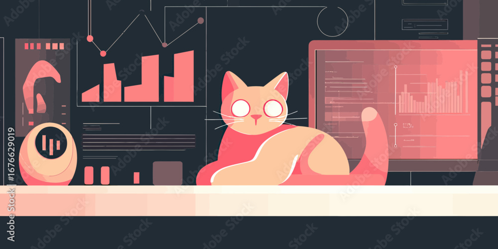 Poster flat minimalist illustration of cat sitting on desk surrounded by multiple digital screens displayin