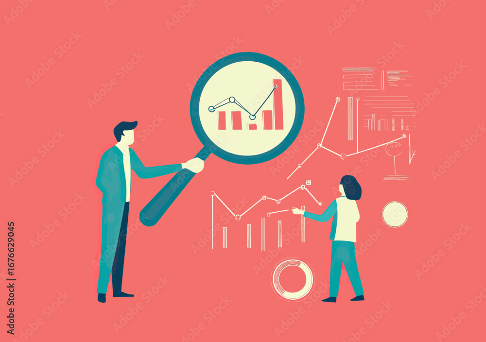 Poster business people analyzing financial charts and graphs with magnifier and digital data visualization 