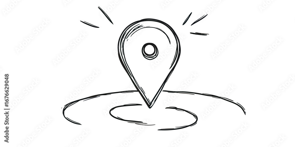 Poster hand drawn sketch style location pin icon floating above map target with gps point symbol in minimal