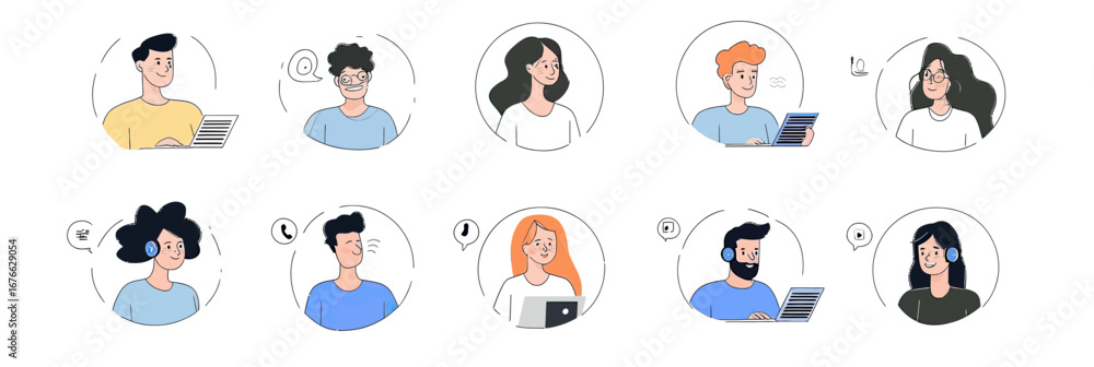 Poster Ten diverse business people in circular frames engaged in communication during video calls with various devices and expression icons vector illustration