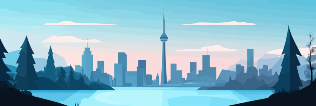 Minimalist flat vector illustration of Toronto skyline with CN Tower silhouette, urban cityscape at dusk, lake and forest foreground landscape