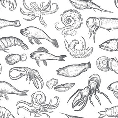 Seamless hand drawn seafood pattern with fish lobster shrimp oyster clams crab octopus and squid black and white vector illustration for menu and recipe design background