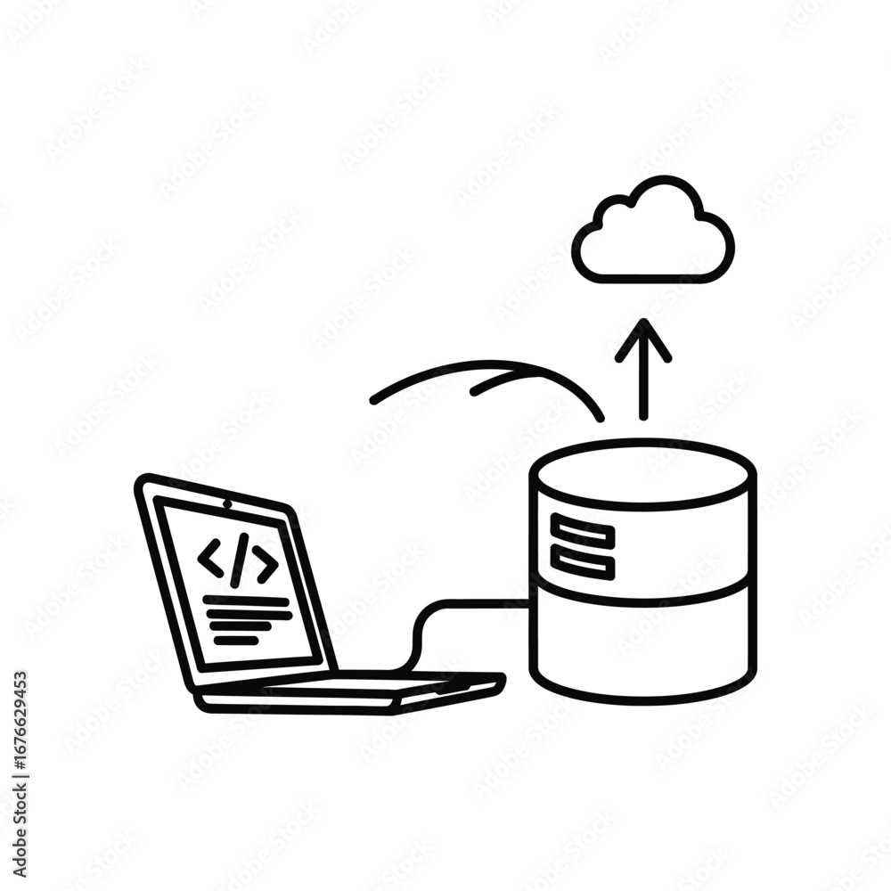 Poster data synchronization concept: an illustration showing seamless data transfer, featuring a laptop con