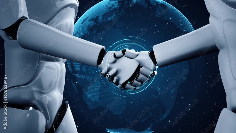 Aufkleber 3d rendering hominoid robot handshake to collaborate future technology development by ai thinking br