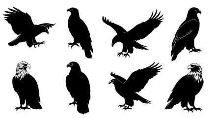 Naklejka premium Vector art of set of eagle silhouettes in various poses and shapes for POD