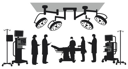 Medical team working in an operating room with equipment and lights