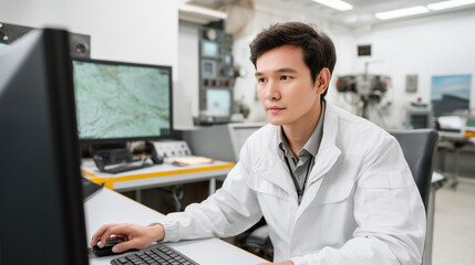 Avionics Testing Laboratory Professional Asian male avionics engineer wearing lab coat testing aircraft navigation systems and flight control computers. High-tech aerospace testing facility 