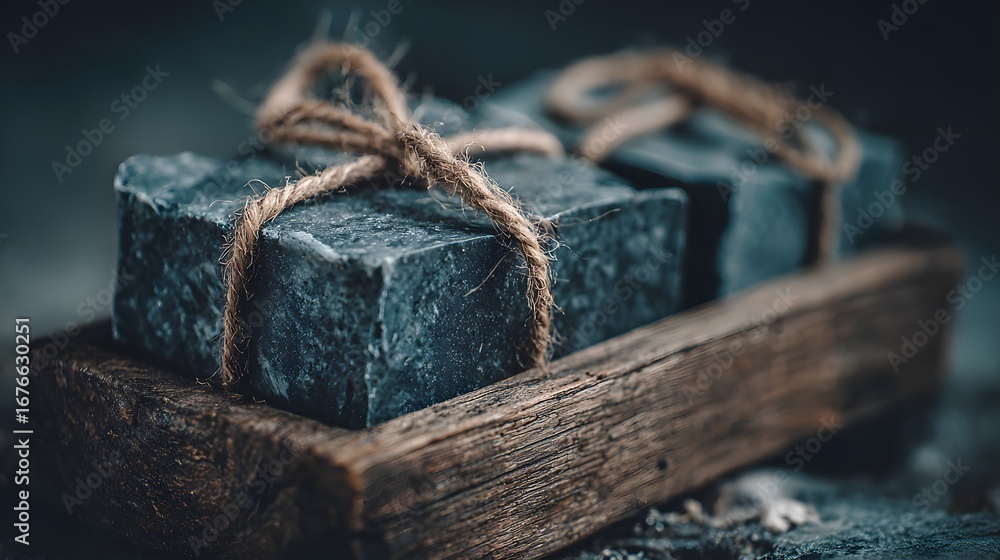 Poster dark gray soap bars tied with twine rest in a rustic wooden tray, highlighting a close-up view.