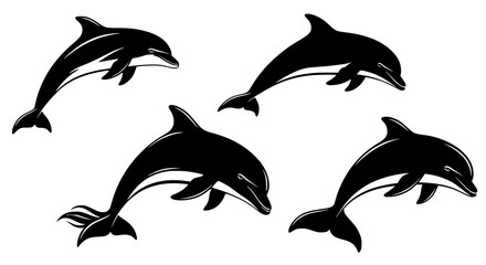 Naklejka premium Vector art of group of dolphin silhouettes jumping for POD
