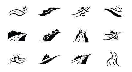 Collection of abstract wind and wave icons in various styles and directions