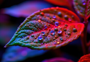 Obraz premium a macro view of a leaf absorbing red and blue led light particles, enhancing photosynthesis processes at a cellular level, demonstrating how led spectrum optimization drives healthy plant development.