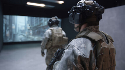 Virtual Reality Combat Training Professional tactical team in advanced VR training facility, wearing motion capture suits and VR headsets, practicing urban combat scenarios. Modern military 