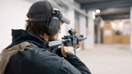 Tactical Shooting Range Professional marksmen in tactical gear conducting precision shooting training at advanced indoor range with moving targets and ballistic systems. Modern firearms trai