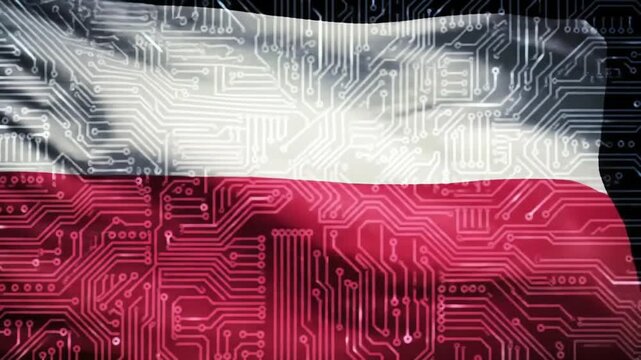 A digitally altered image shows a flag overlaid on a circuit board pattern.  The flag's colors are subtly visible through the intricate circuitry