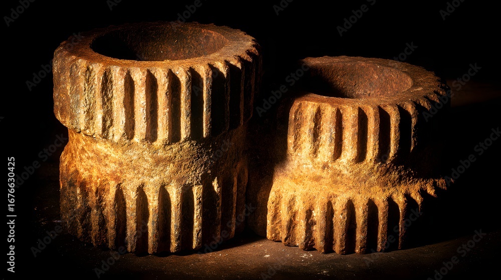 Poster two rusty gears, aged and textured, are highlighted by a soft light, creating a dramatic contrast ag