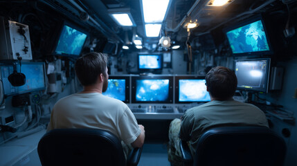 Submarine Operations Submarine crew conducting tactical maneuvers in control room with periscope systems and sonar displays. Professional underwater operations environment with navigation sy
