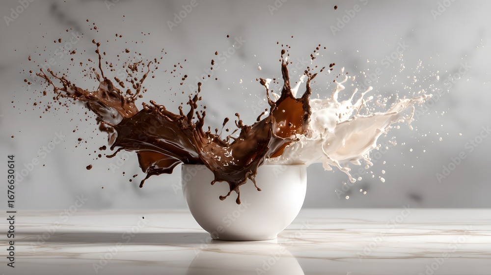 Poster a dramatic splash of chocolate and milk mingling in a white bowl, creating a captivating display of 