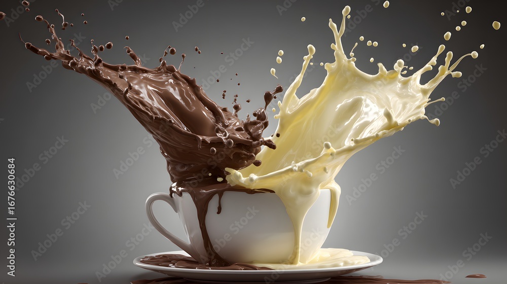 Poster a vibrant image showcases chocolate and cream splashing from a cup, creating a dynamic and delicious