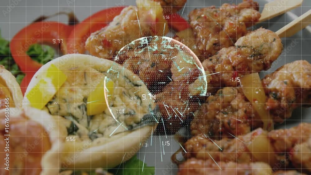 Poster animation of data processing and globe over food on plate