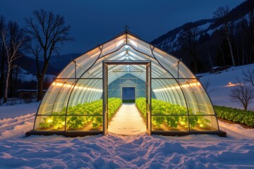 a glowing futuristic greenhouse in winter, powered entirely by led lighting, demonstrating year round food production regardless of climate