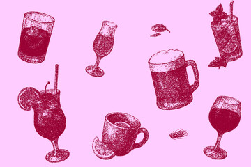 Seamless Stipple Dotwork Drinks Pattern (Magenta on Pink)