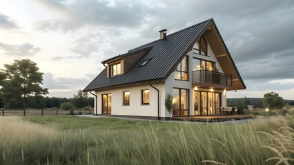 Modern Countryside House with Large Windows and Balcony in Natural Landscape