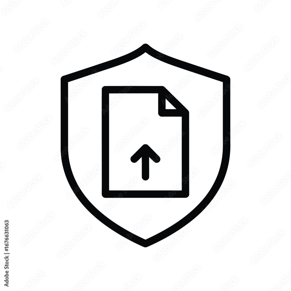 Poster shielded upload: a clean, minimalist icon depicting a document with an arrow pointing upwards, encas