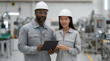 Solar Panel Manufacturing Portrait of African American male manufacturing director and Asian female process engineer discussing efficiency metrics on tablet computer while overseeing robotic