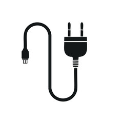 Black electrical cord with plug and connector white background
