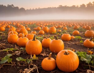 A wide pumpkin field in early morning fog, symbolizing harvest and Halloween season.