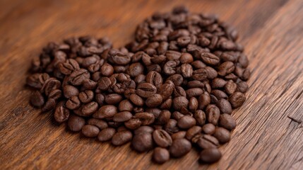 Fototapeta premium Heart-shaped arrangement of roasted coffee beans on a wooden surface, symbolizing love for coffee and fresh brews.