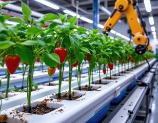 hydroponic pepper plants in a precision agriculture setup, sensors monitoring ph and nutrient solution, robotic arms adjusting growth environment, smart farming innovation