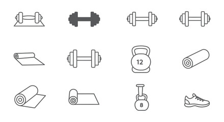 Fitness equipment icons including dumbbells and yoga mats