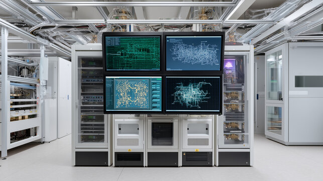 Quantum Algorithm Visualization for Grid Optimization Large displays showing quantum circuit diagrams and optimization algorithms for power grid management, surrounded by quantum computing h