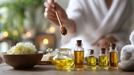 Relaxing spa setup with honey, essential oils, and flowers for rejuvenation and self-care.