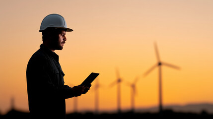 Renewable Energy Engineer An engineer in a hard hat and uniform stands against a background of wind turbines at sunset, holding a tablet displaying energy production data, with copy space.