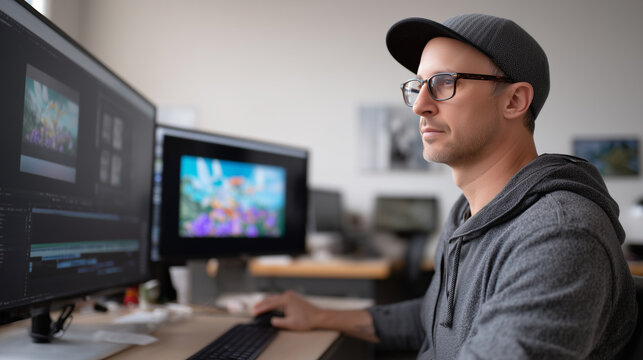 Motion Designer in a Studio A creative specialist works on a complex animation across multiple monitors, one screen shows the project timeline, while another displays a vibrant animated char - Powered by Adobe