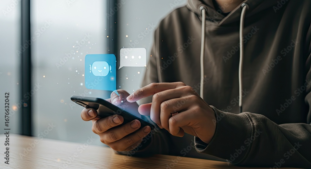 Poster engaging with ai chatbot technology via smartphone, seamlessly connecting with intelligent digital a