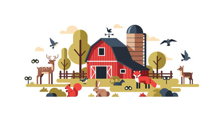 Obraz premium Rustic Red Barn Farm Scene with Wildlife and Birds