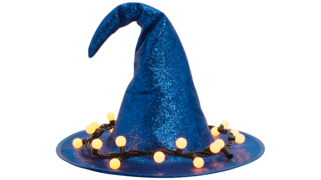 Sparkling blue wizard hat adorned with glowing fairy lights creates magical festive Halloween atmosphere