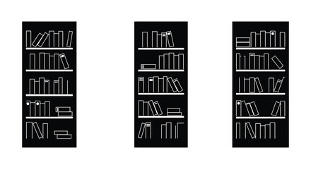 Three black bookcases with white outlines of books and shelves © Tm Studio