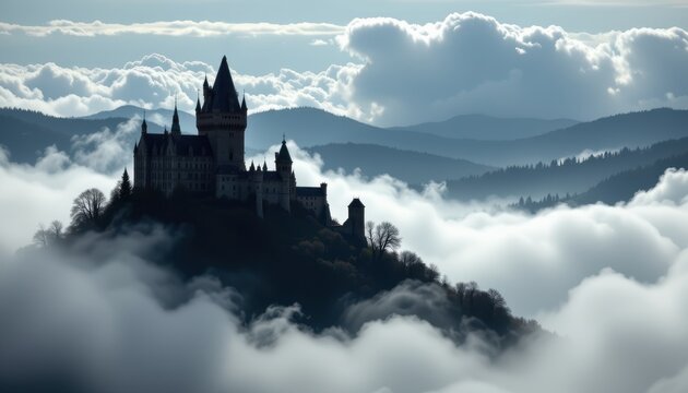 silhouetted castle on a hilltop with clouds swirling, shadows stretching like fingers across the rocks, fog covering the valley adding ominous and eerie haunted vibes