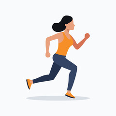 Woman running wearing orange tank top and blue leggings jogging fitness