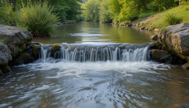 Stapel glatter Flusskiesel am Ufer eines Baches